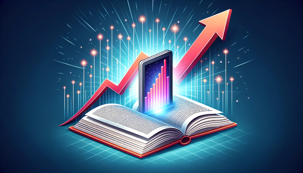 A graph showing the rise of ebook readership over time, with a printed book in the background and a glowing ebook in the foreground